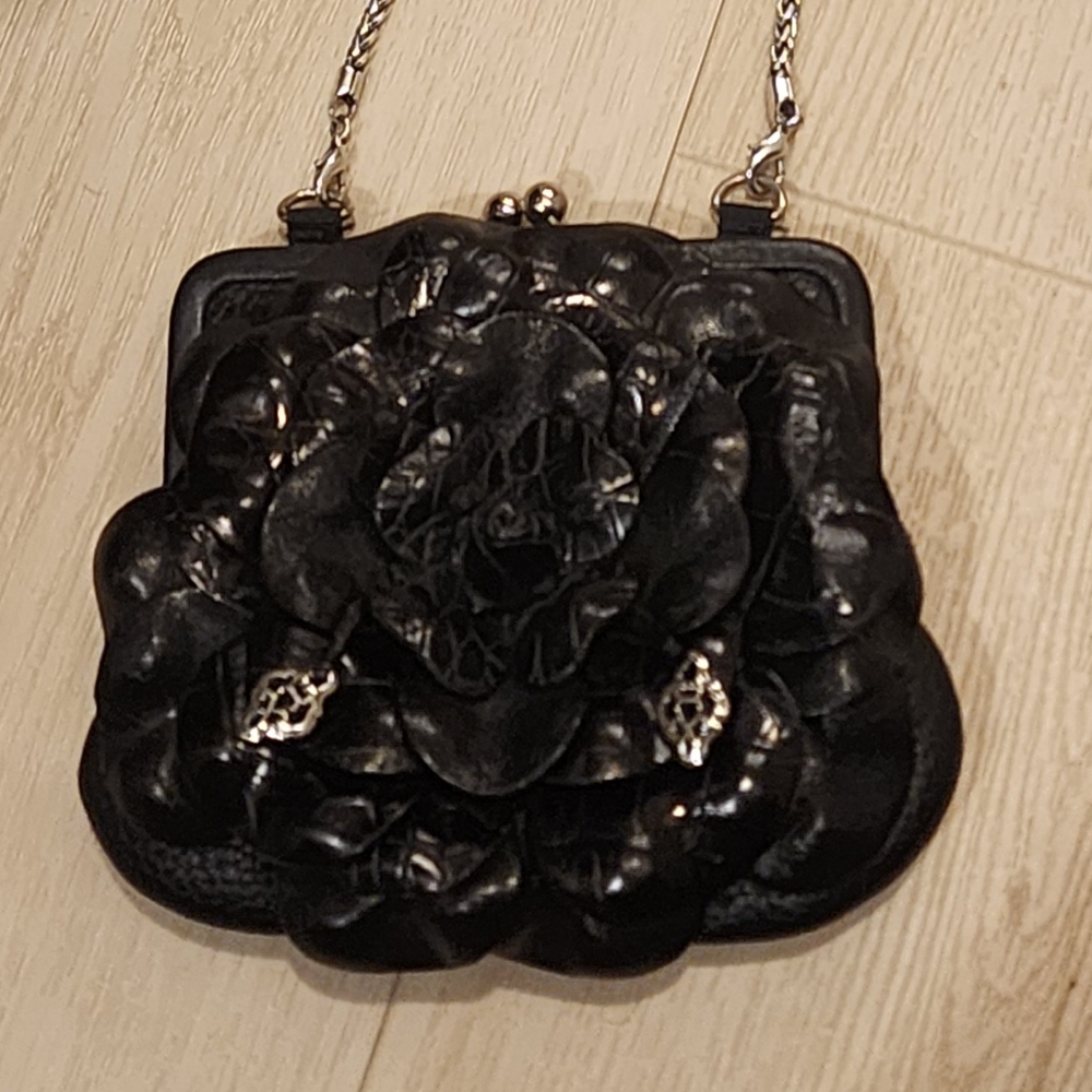 Brighton Black Floral Clutch with Silver Chain